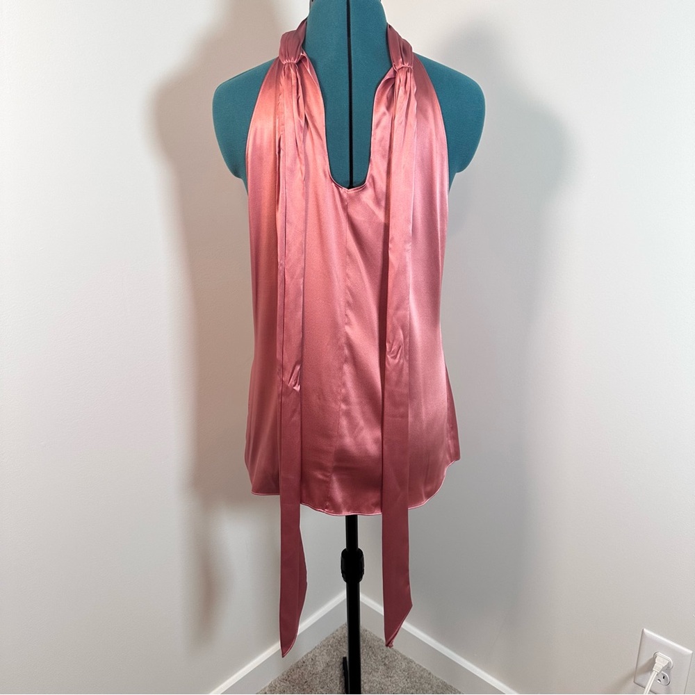 Ramy Brook Lori Silk High Neck Bow Halter Blouse in Deep Blush - Size Large - Picture 5 of 14